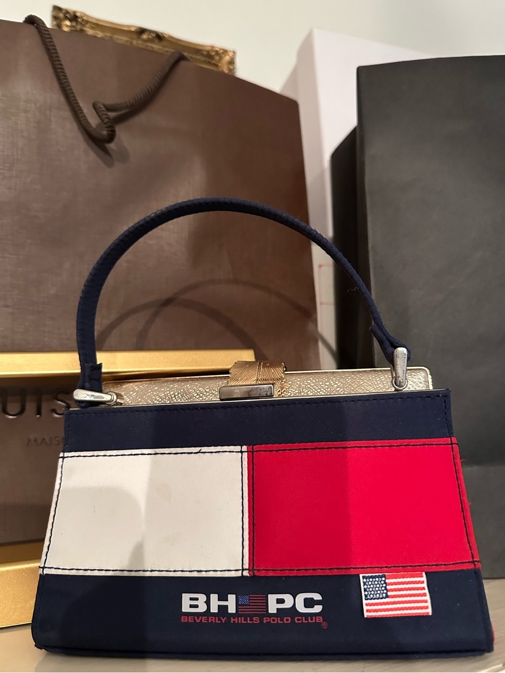 Beverly Hills Polo Club Navy White Red Colorblock Top-Handle Mini Bag